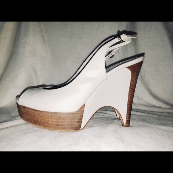 GUCCI WHITE Wedge & Wood High Heels Open Toe - Picture 2 of 8